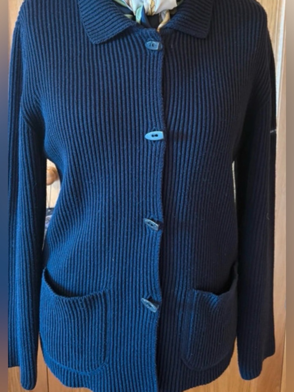 Saint James Dark Navy Ribbed Chunky Cotton Cardigan M EUC